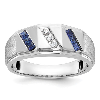 14k White Gold Men's Satin Lab Created Sapphire and 1/10 carat Diamond Complete Ring
