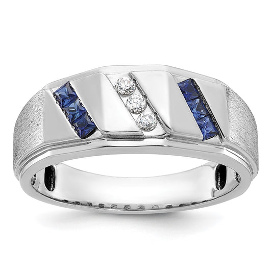 14k White Gold Men's Satin Lab Created Sapphire and 1/10 carat Diamond Complete Ring