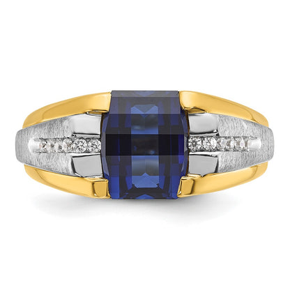 14k Two-tone Gold Men's Created Sapphire and 1/8 carat Diamond Complete Ring