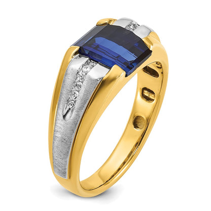 14k Two-tone Gold Men's Created Sapphire and 1/8 carat Diamond Complete Ring