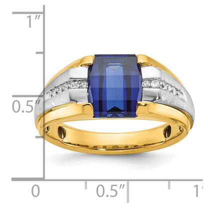 14k Two-tone Gold Men's Created Sapphire and 1/8 carat Diamond Complete Ring