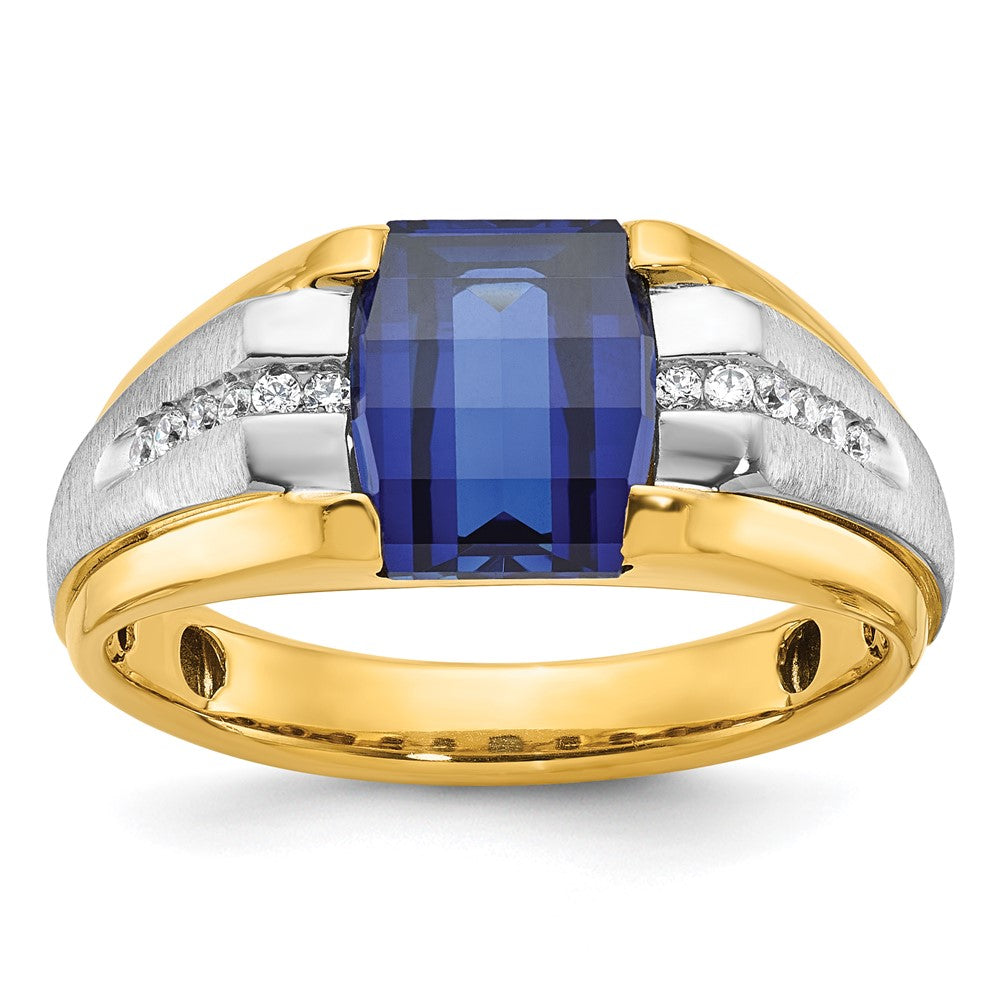 14k Two-tone Gold Men's Created Sapphire and 1/8 carat Diamond Complete Ring