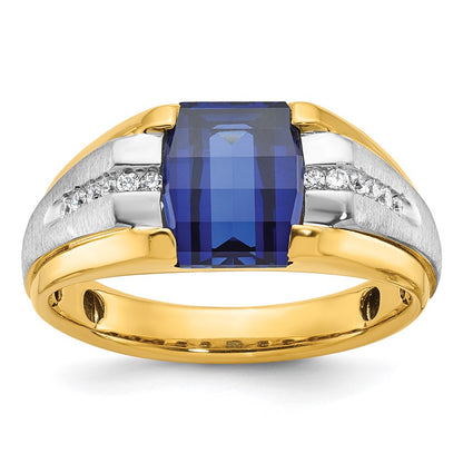 14k Two-tone Gold Men's Created Sapphire and 1/8 carat Diamond Complete Ring