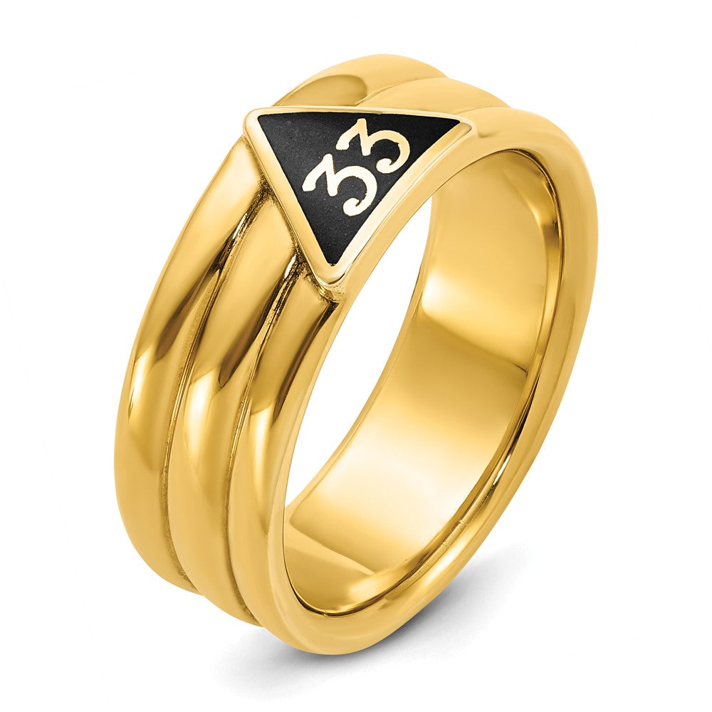 14k Yellow Gold Men's Polished and Grooved with Black Enamel Active 33rd Degree Masonic Ring