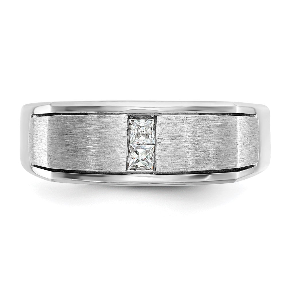 14k White Gold Men's Polished Antiqued and Satin 1/10 carat Diamond Complete Ring
