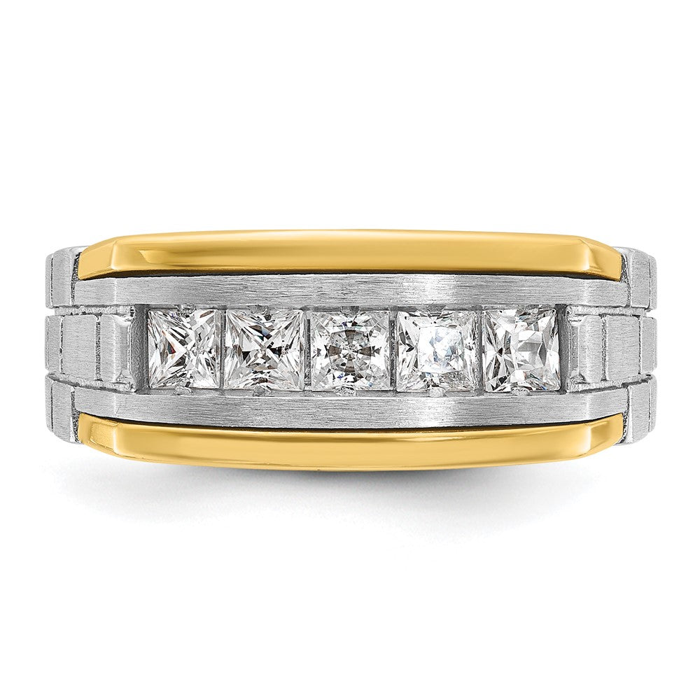 14k Two-tone Two Tone 1 Ct. Lab Grown Diamond VS/SI+ G+ Five Stone Polished Satin and Grooved Men's Ring