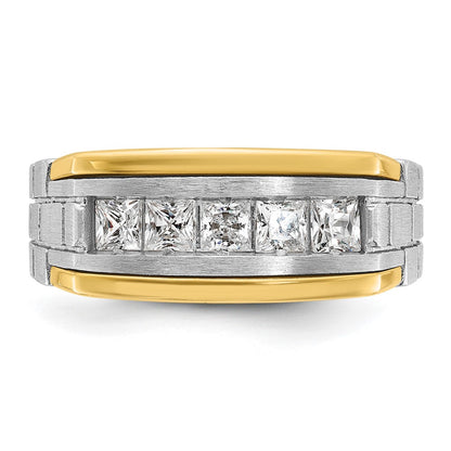 14k Two-tone Two Tone 1 Ct. Lab Grown Diamond VS/SI+ G+ Five Stone Polished Satin and Grooved Men's Ring