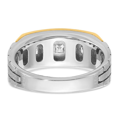 14k Two-tone Two Tone 1 Ct. Lab Grown Diamond VS/SI+ G+ Five Stone Polished Satin and Grooved Men's Ring