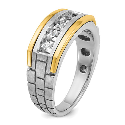 14k Two-tone Two Tone 1 Ct. Lab Grown Diamond VS/SI+ G+ Five Stone Polished Satin and Grooved Men's Ring