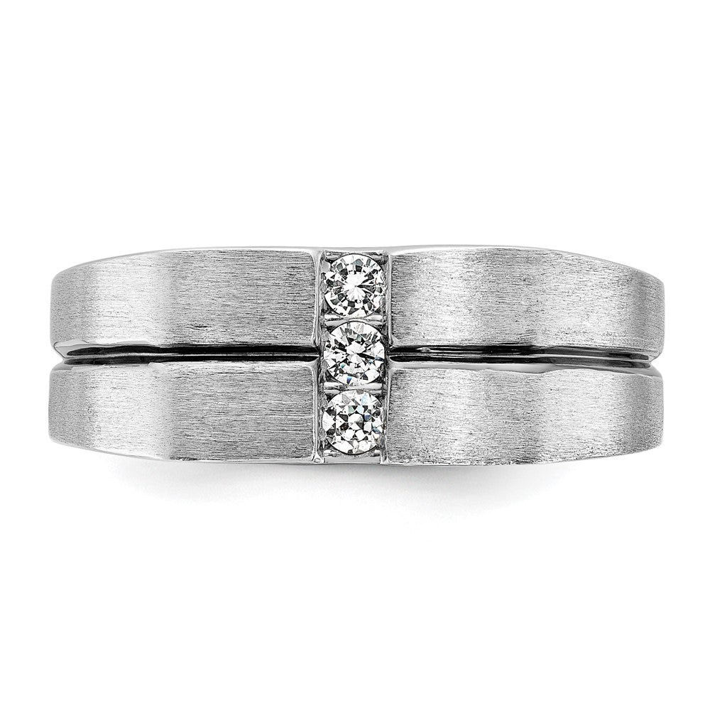 14k White Gold with Black Rhodium 1/5 Ct. Lab Grown Diamond VS/SI+ G+ Complete Satin and Grooved Three Stone Men's Ring