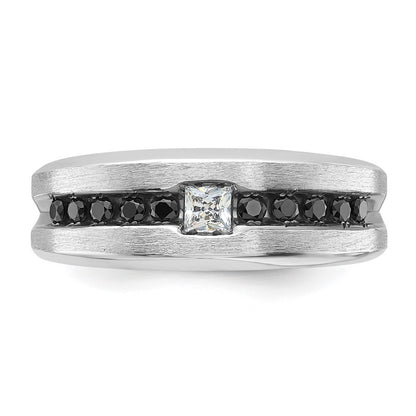 14k White Gold with Black Rhodium Men's Polished and Brushed Black and White Diamond Complete Ring