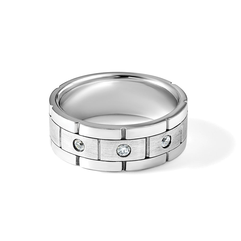 14k White Gold 1/6 Ct. Lab Grown Diamond VS/SI+ G+ Three Stone Polished Satin and Grooved Men's Ring
