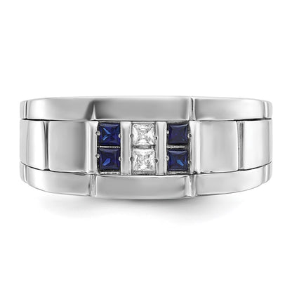 14k White Gold Men's Satin Lab Created Sapphire and 1/10 carat Diamond Complete Ring