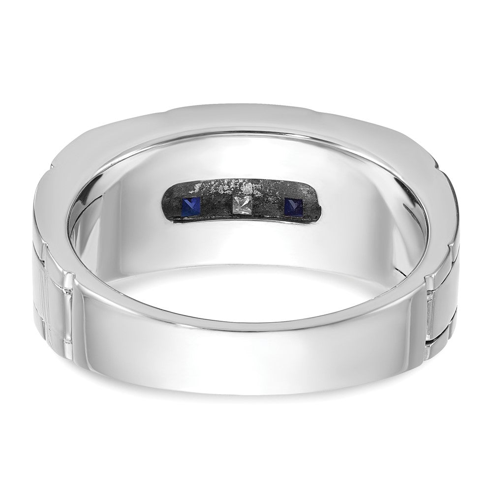 14k White Gold Men's Satin Lab Created Sapphire and 1/10 carat Diamond Complete Ring