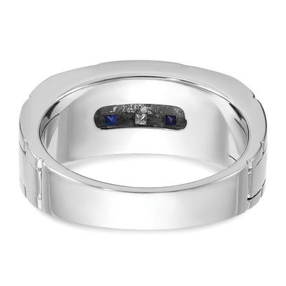14k White Gold Men's Satin Lab Created Sapphire and 1/10 carat Diamond Complete Ring