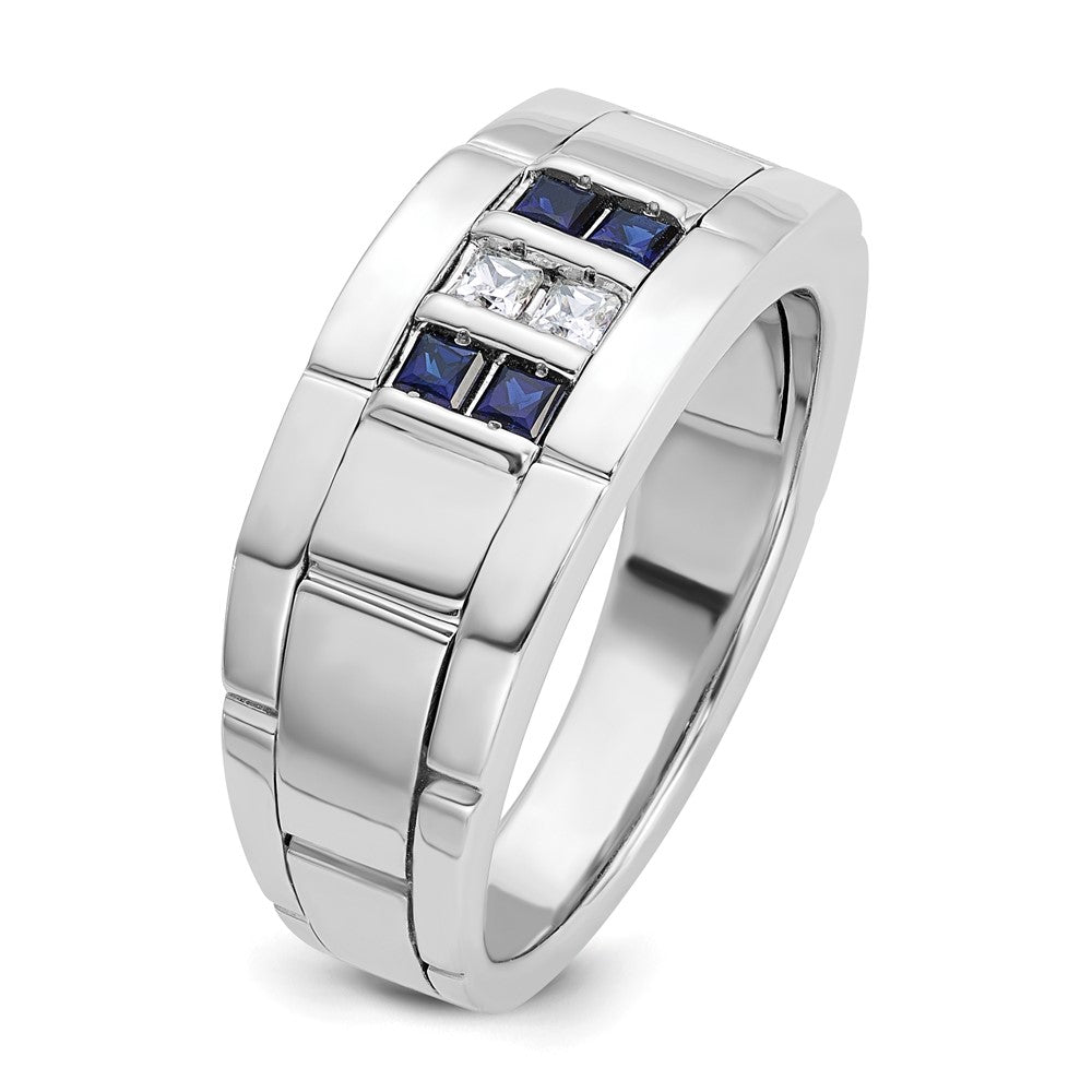 14k White Gold Men's Satin Lab Created Sapphire and 1/10 carat Diamond Complete Ring
