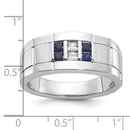 14k White Gold Men's Satin Lab Created Sapphire and 1/10 carat Diamond Complete Ring