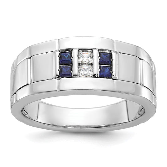14k White Gold Men's Satin Lab Created Sapphire and 1/10 carat Diamond Complete Ring
