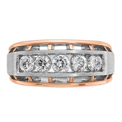 14K White/Rose Gold Two Tone Rose and White 1 Ct. Lab Grown Diamond VS/SI+ G+ Satin Five Stone Cut Out Men's Ring
