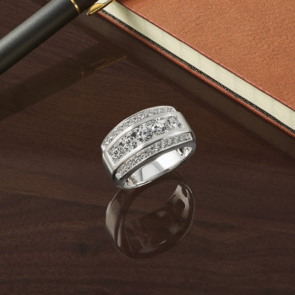 14k White Gold 1 7/8 Ct. Lab Grown Diamond VS/SI+ G+ Polished and Satin Three Row Men's Ring