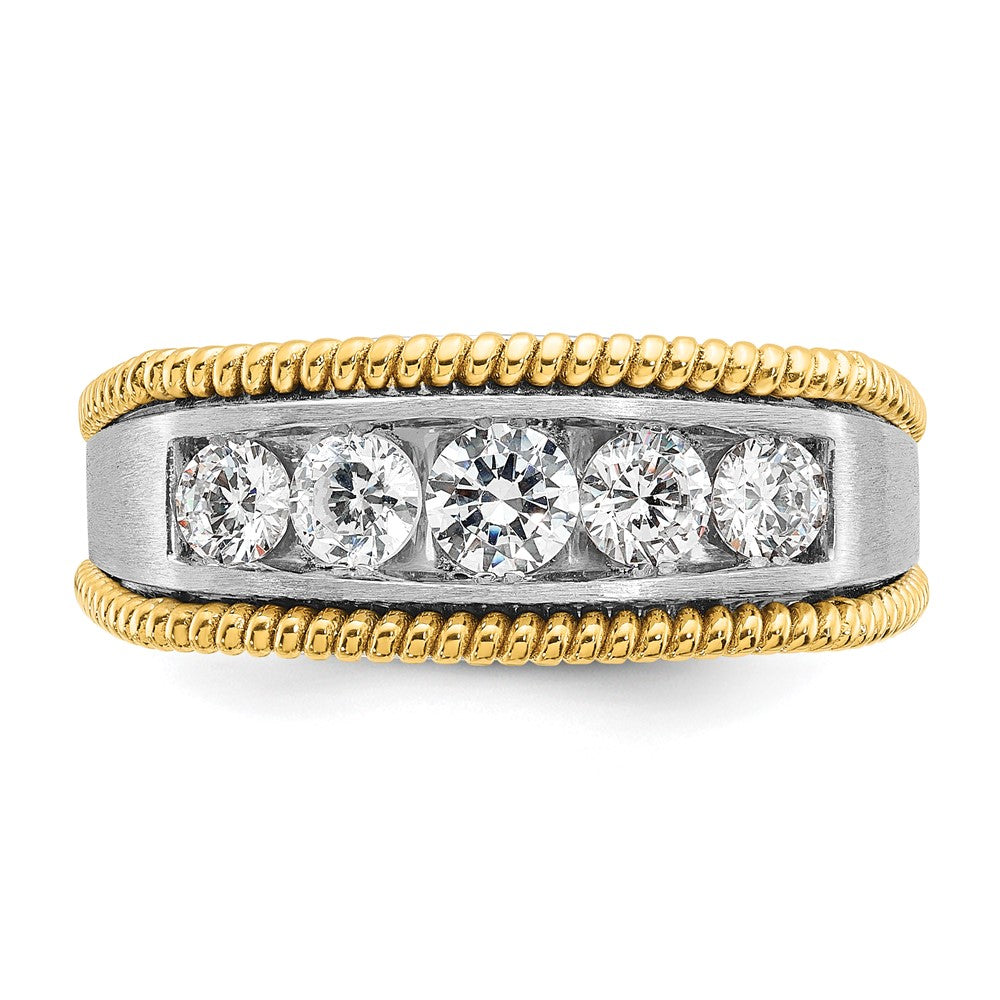 14k Two-tone Two Tone 1 Ct. Lab Grown Diamond VS/SI+ G+ Five Stone Polished Satin and Textured Men's Ring