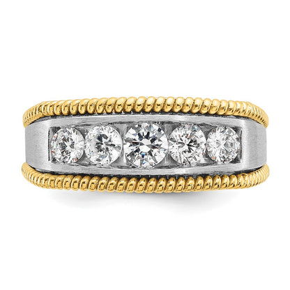 14k Two-tone Two Tone 1 Ct. Lab Grown Diamond VS/SI+ G+ Five Stone Polished Satin and Textured Men's Ring
