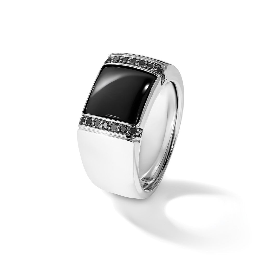 14k White Gold Men's Onyx and 1/4 carat Black Diamond Complete Ring