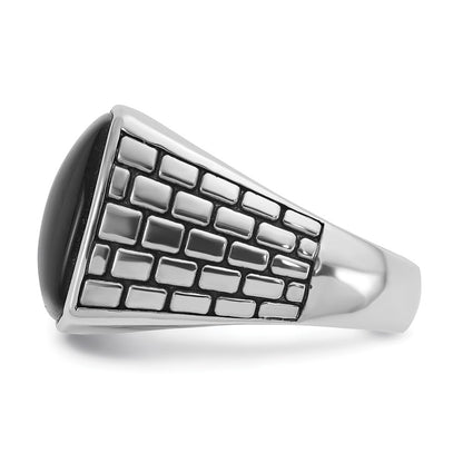 14k White Gold Men's Antiqued Onyx Complete Ring