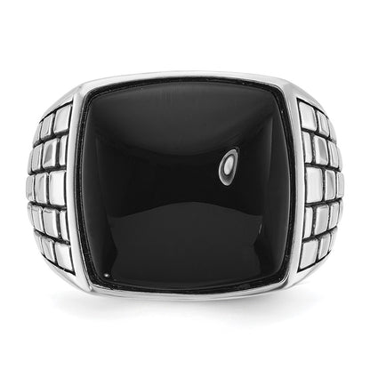 14k White Gold Men's Antiqued Onyx Complete Ring