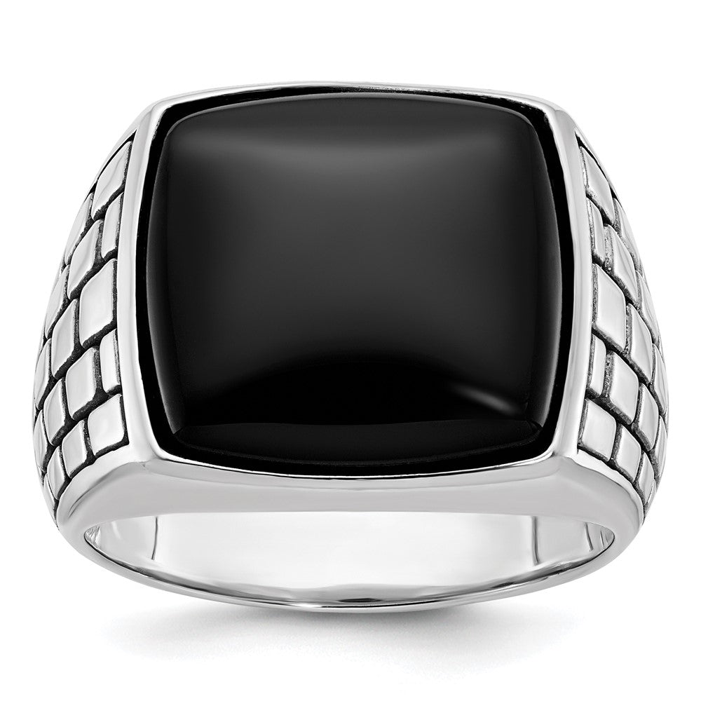 14k White Gold Men's Antiqued Onyx Complete Ring