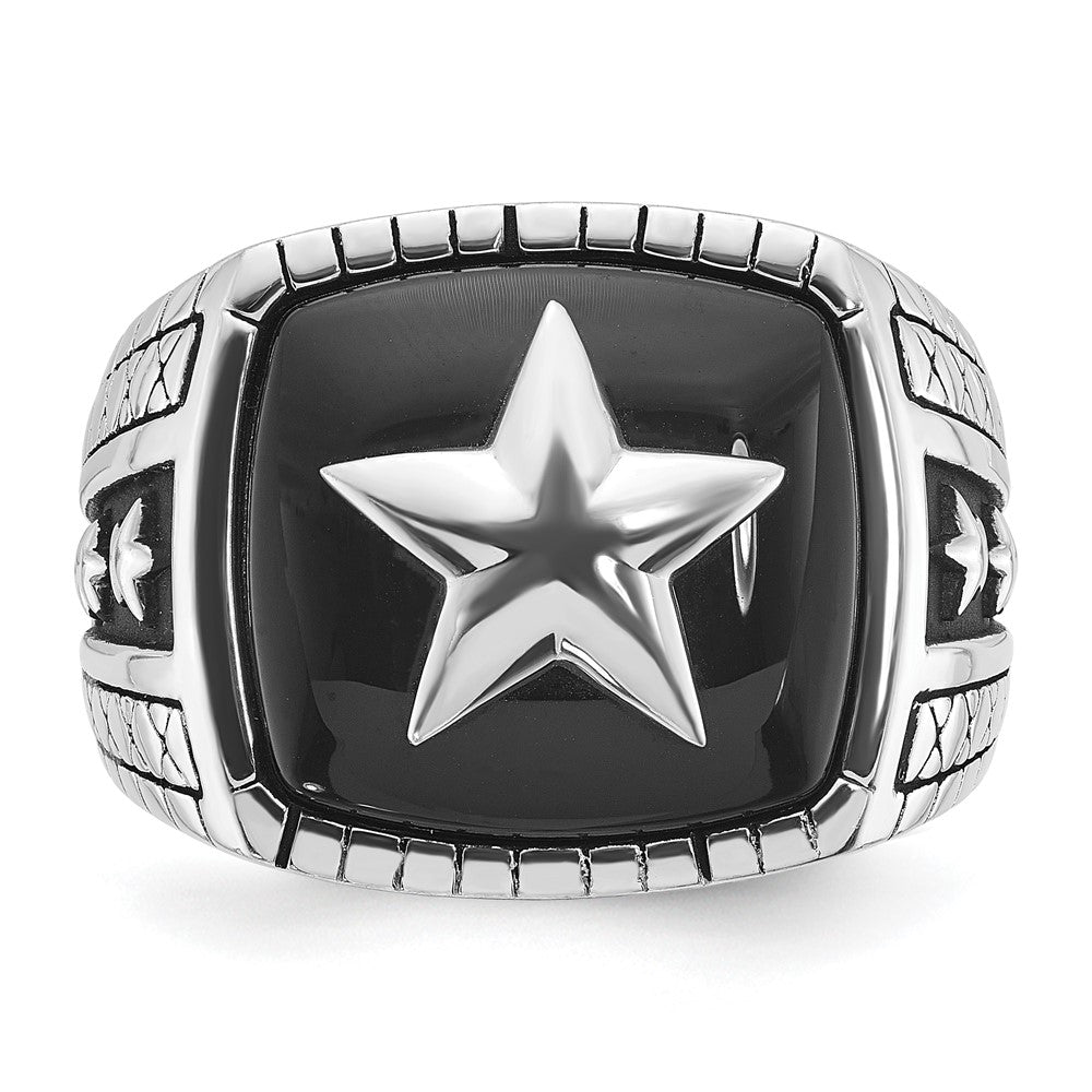 14k White Gold Men's Antiqued Onyx Complete Star Ring