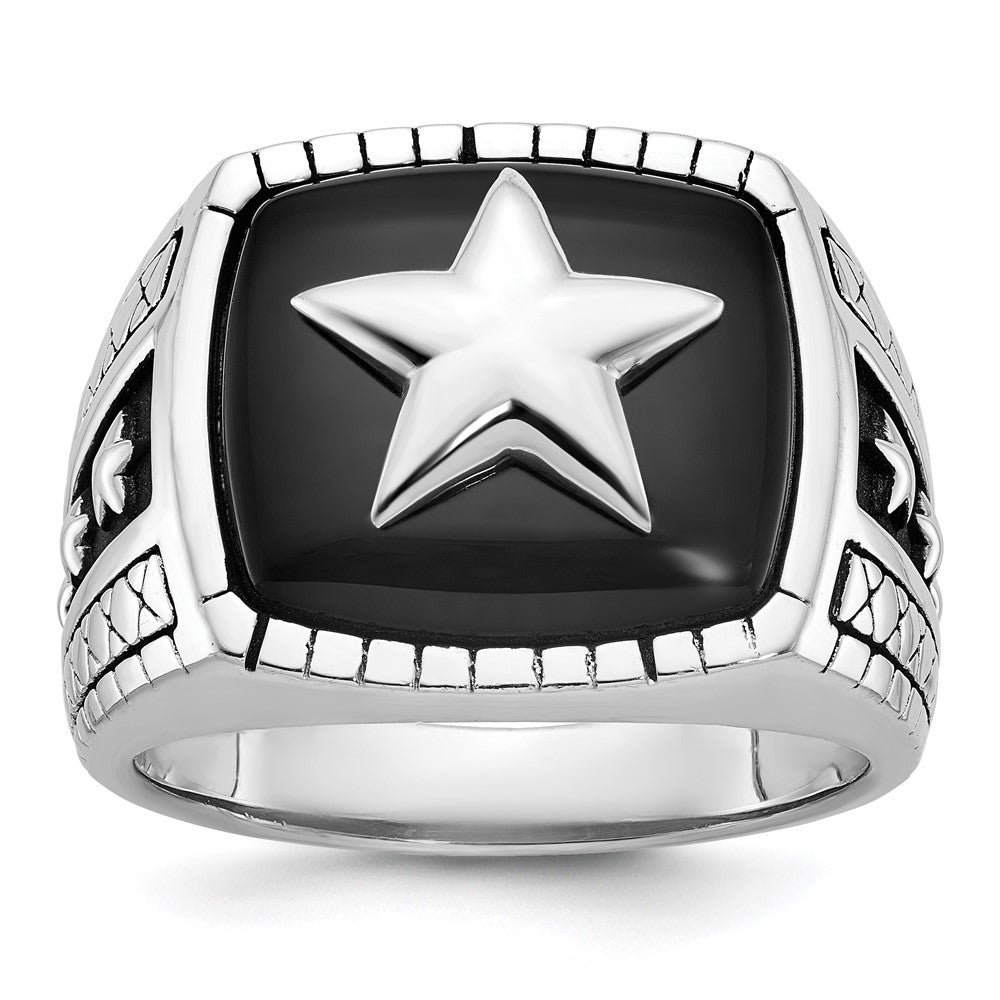 14k White Gold Men's Antiqued Onyx Complete Star Ring