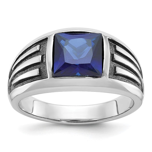 14k White Gold with Black Rhodium Men's Created Sapphire Complete Ring