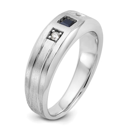 14k White Gold Men's Satin Lab Created Sapphire and 1/15 carat Diamond Complete Ring
