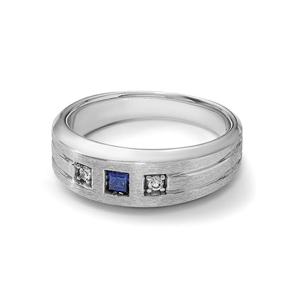 14k White Gold Men's Satin Lab Created Sapphire and 1/15 carat Diamond Complete Ring