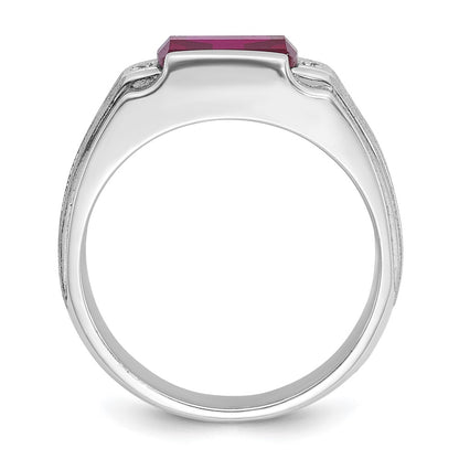 14k White Gold Men's Satin Created Ruby and Diamond Complete Ring