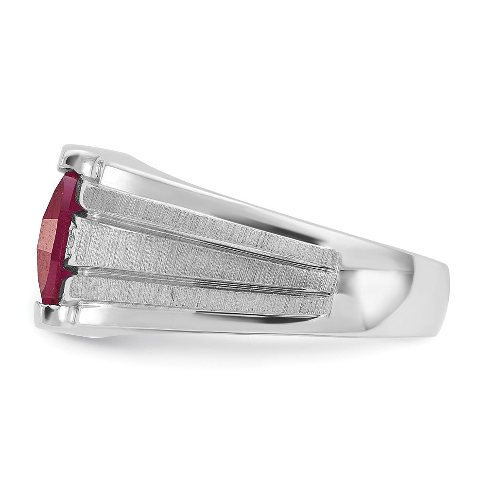 14k White Gold Men's Satin Created Ruby and Diamond Complete Ring