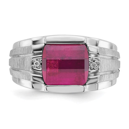 14k White Gold Men's Satin Created Ruby and Diamond Complete Ring