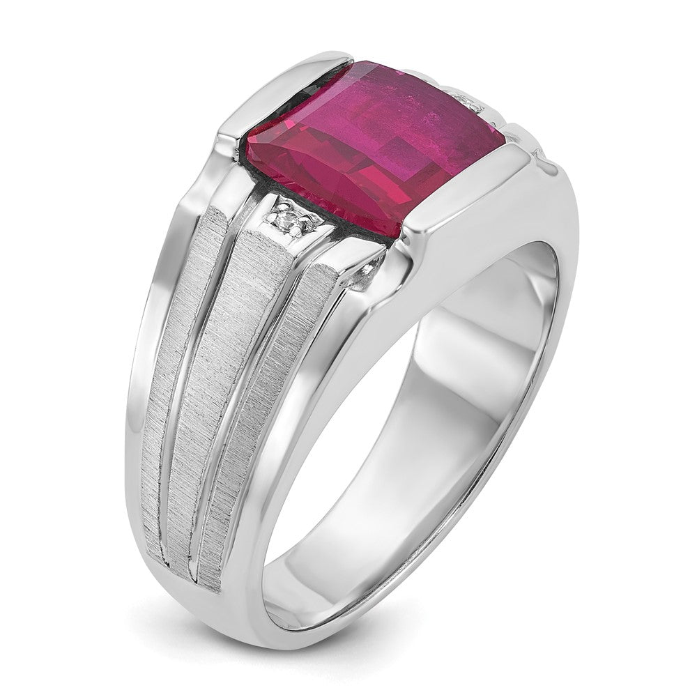 14k White Gold Men's Satin Created Ruby and Diamond Complete Ring