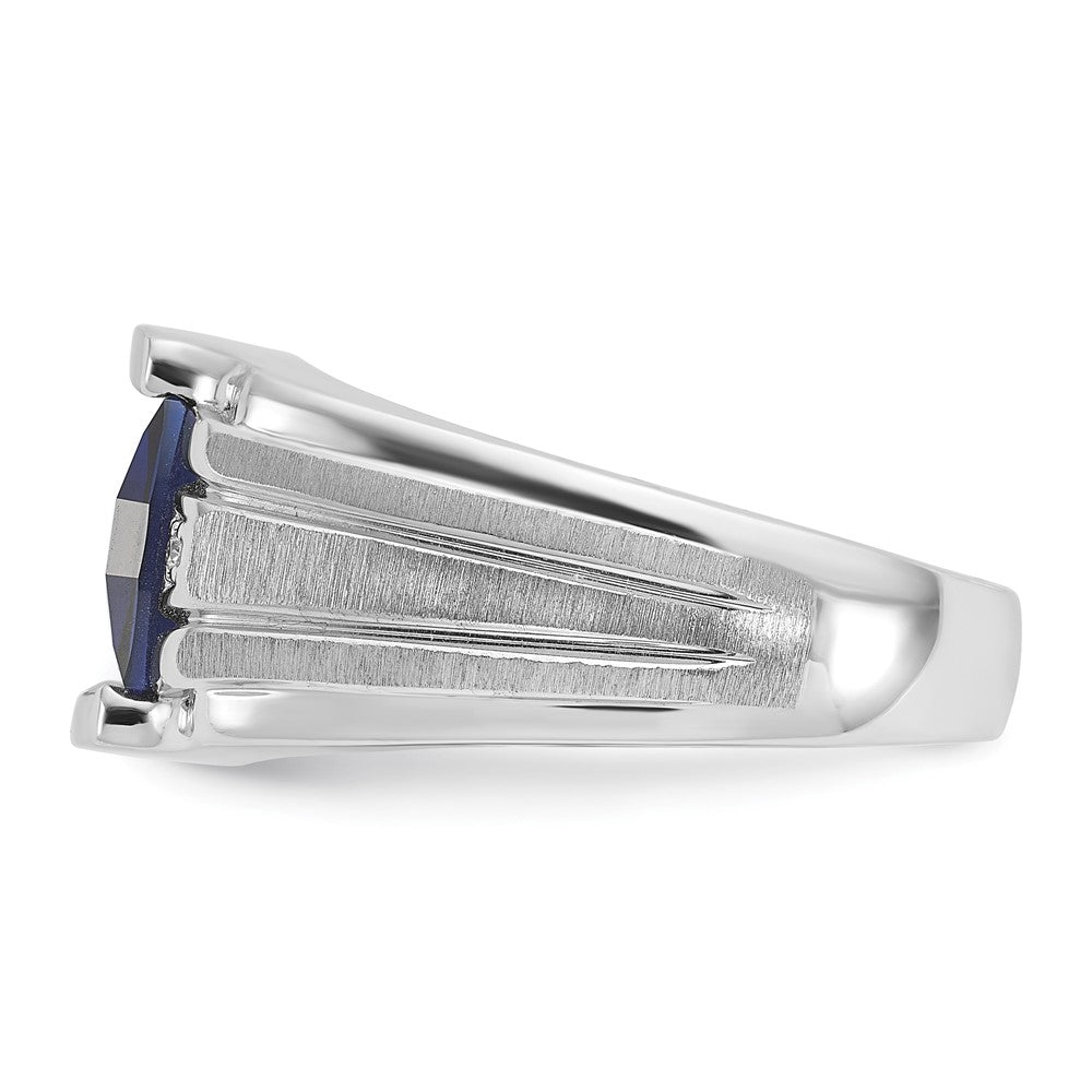 14k White Gold Men's Satin Created Sapphire and Diamond Complete Ring