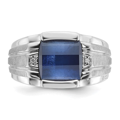 14k White Gold Men's Satin Created Sapphire and Diamond Complete Ring