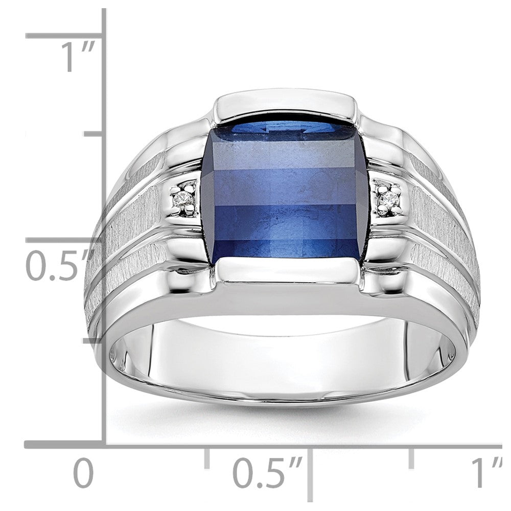 14k White Gold Men's Satin Created Sapphire and Diamond Complete Ring