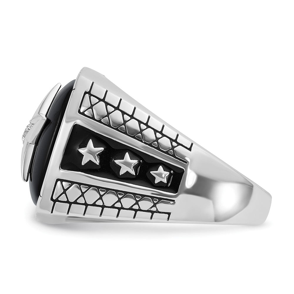 14k White Gold Men's Antiqued Onyx and 1/20 carat Diamond Complete Star Ring