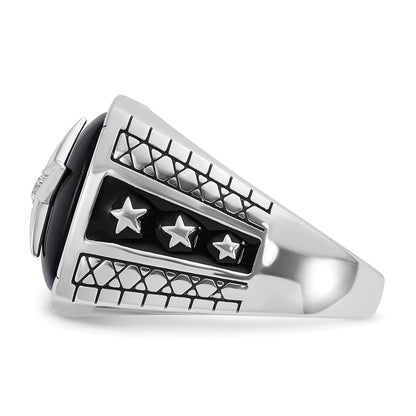 14k White Gold Men's Antiqued Onyx and 1/20 carat Diamond Complete Star Ring