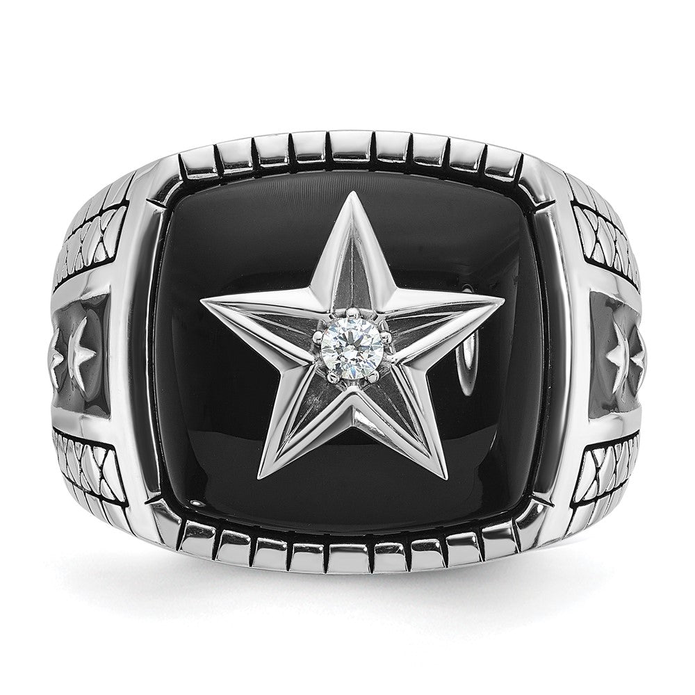 14k White Gold Men's Antiqued Onyx and 1/20 carat Diamond Complete Star Ring