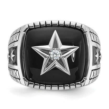 14k White Gold Men's Antiqued Onyx and 1/20 carat Diamond Complete Star Ring