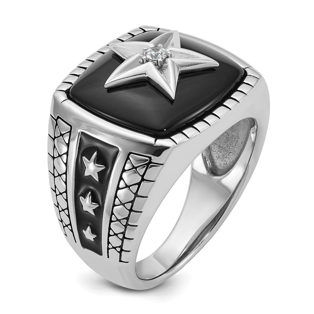 14k White Gold Men's Antiqued Onyx and 1/20 carat Diamond Complete Star Ring