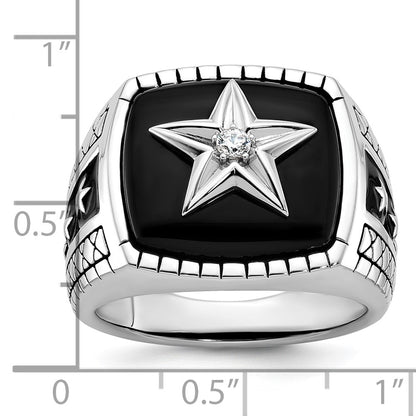 14k White Gold Men's Antiqued Onyx and 1/20 carat Diamond Complete Star Ring