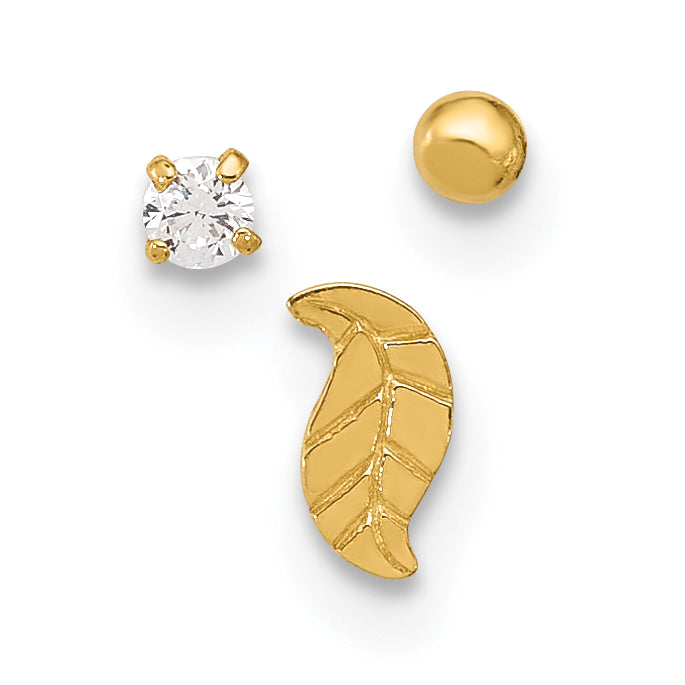 14K Yellow Gold 22 Gauge Leaf, Ball And Cz Post Nose Set