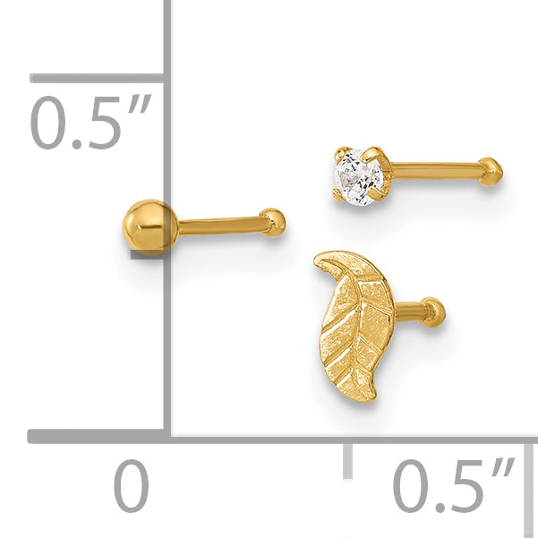 14K Yellow Gold 22 Gauge Leaf, Ball And Cz Post Nose Set